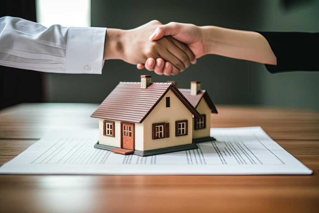 Deux mains qui se serrent au dessus d'une maquette de maison posée sur une table