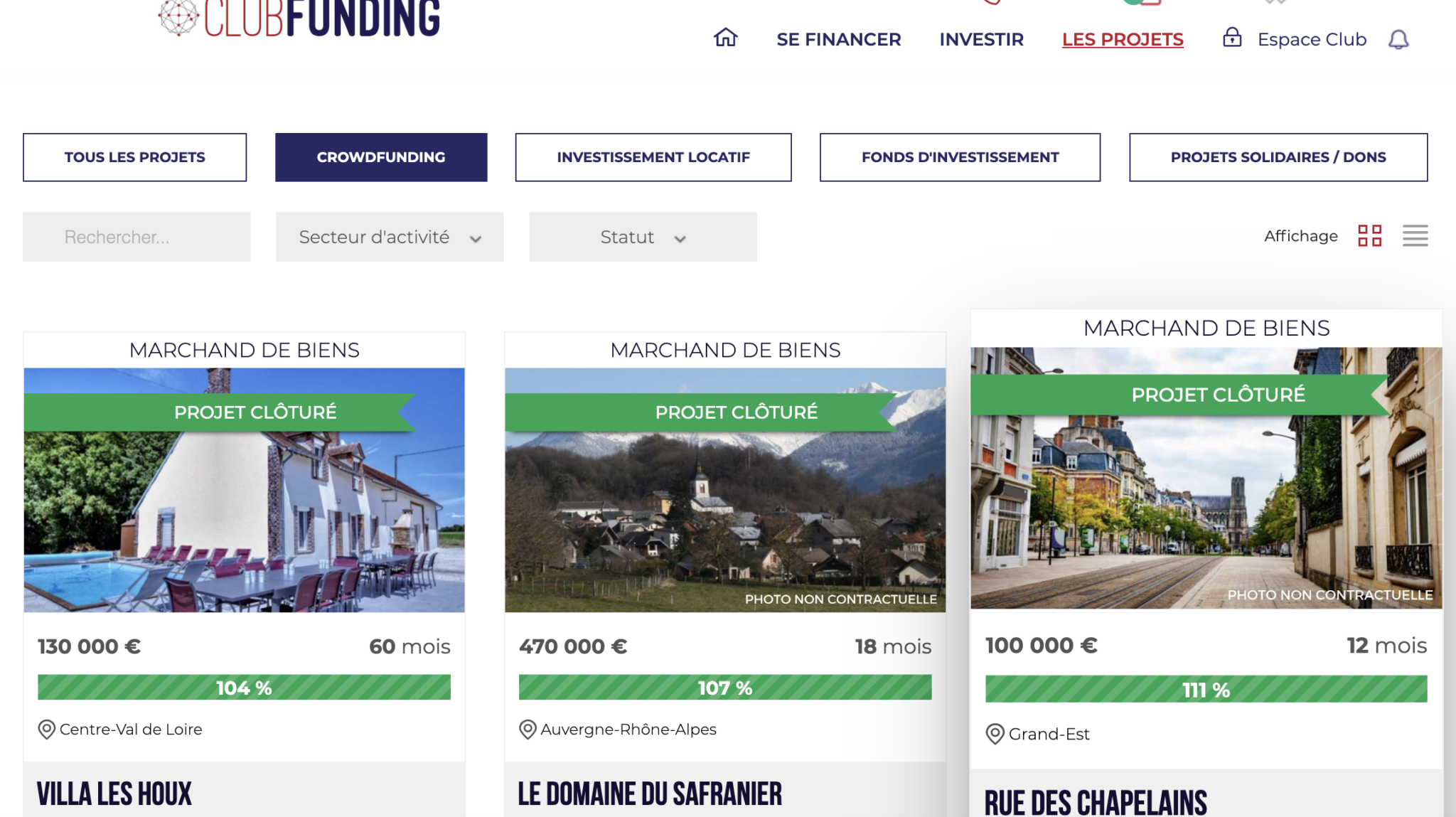 Capture d'écran du site ClubFunding