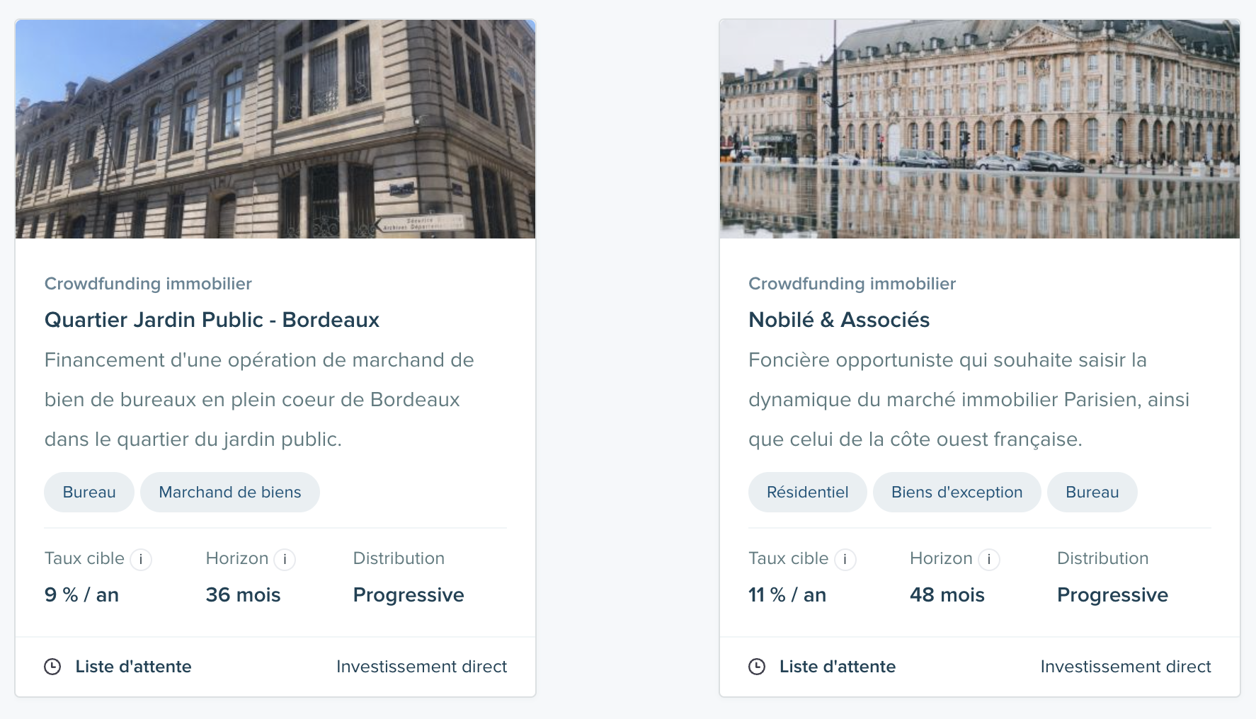 Capture d'écrans du site Anaxago présentant des biens immobiliers