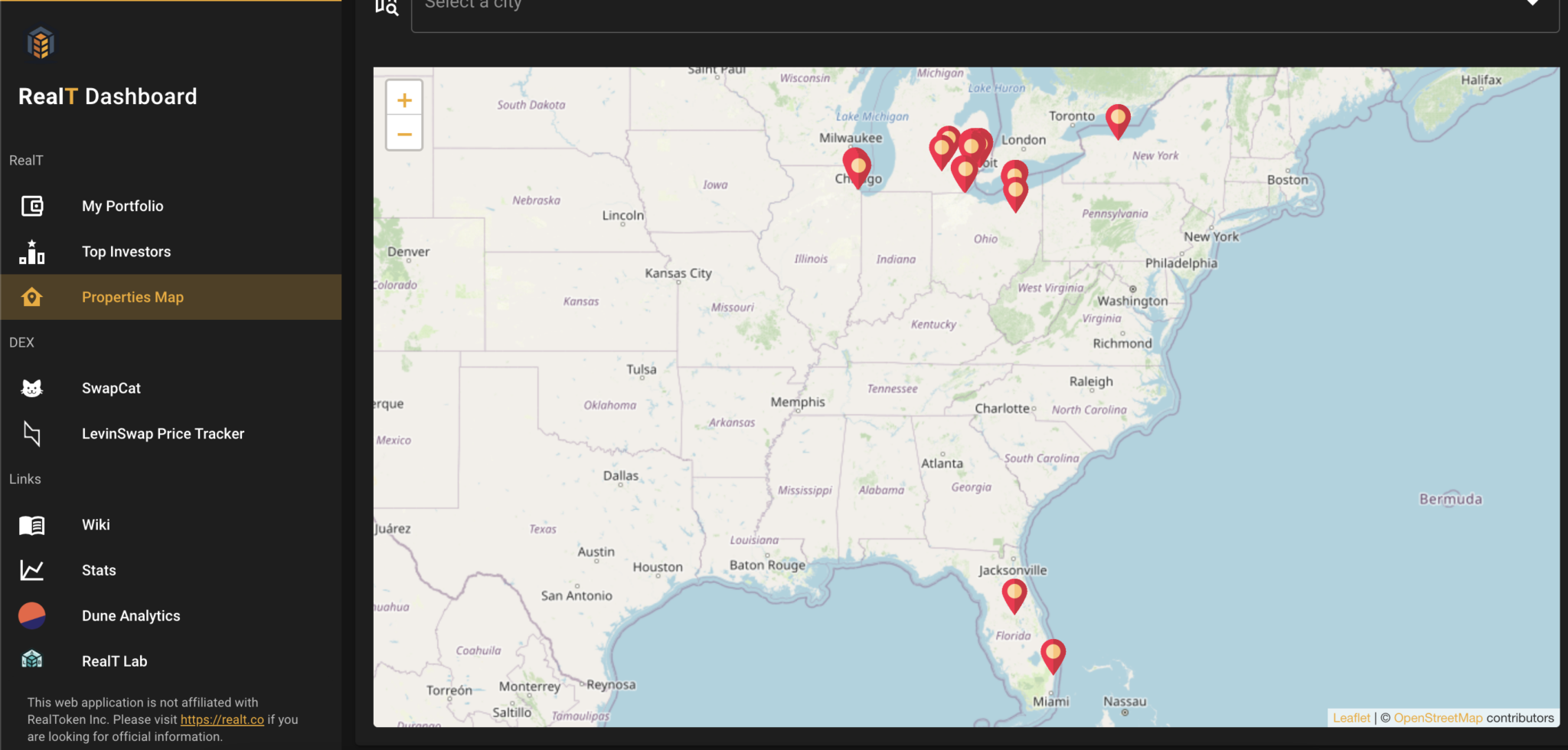 Capture d'écran d'une carte des USA