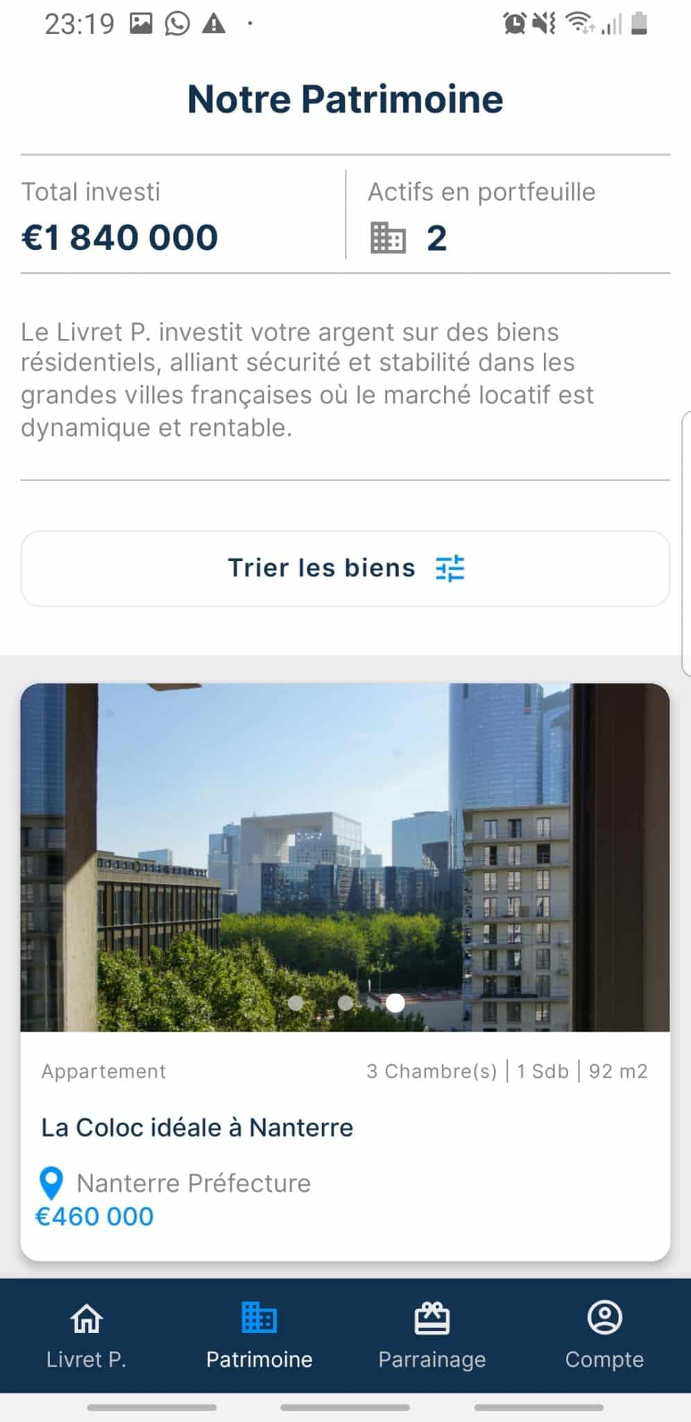 Capture d'écran d'une application d'investissement immobilier