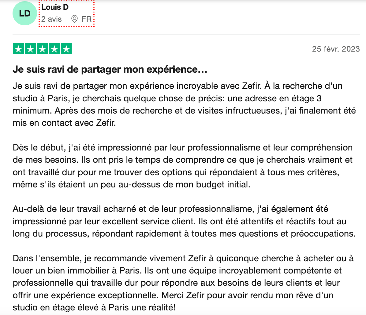 Capture d'écran d'un avis client 5 étoiles Trustpilot