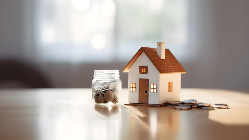 Une maquette de maison sur une table avec un petit pot contenant des pièces de monnaies