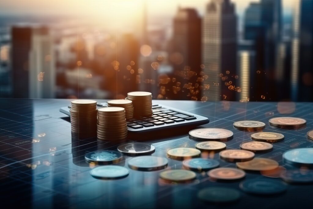 Photo de pièces de monnaie avec des buildings en fond