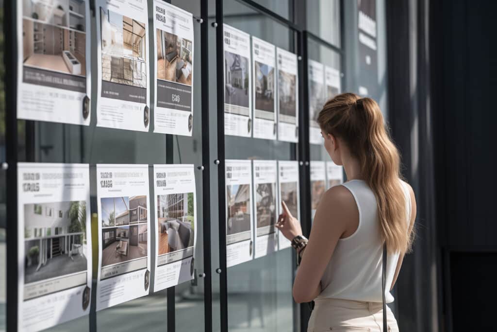 Photo d'une femme devant une vitrine d'une agence immobilière