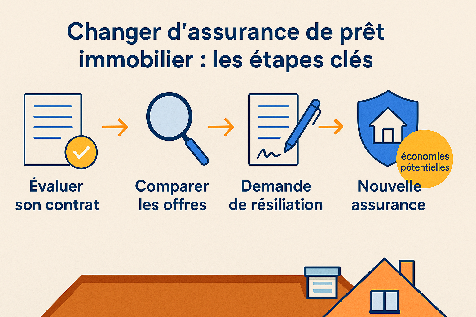 Illustration en 2D montrant les étapes pour changer d’assurance de prêt immobilier, incluant la comparaison des offres, la résiliation de l’ancien contrat et la signature d’un nouveau, avec des pictogrammes clairs et modernes.