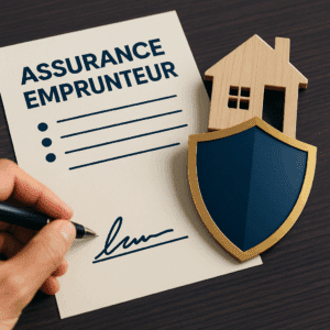 Illustration haut de gamme représentant la sécurité financière d’un prêt immobilier : une maison stylisée, un contrat signé et un bouclier doré symbolisant l’assurance emprunteur et la protection du patrimoine.