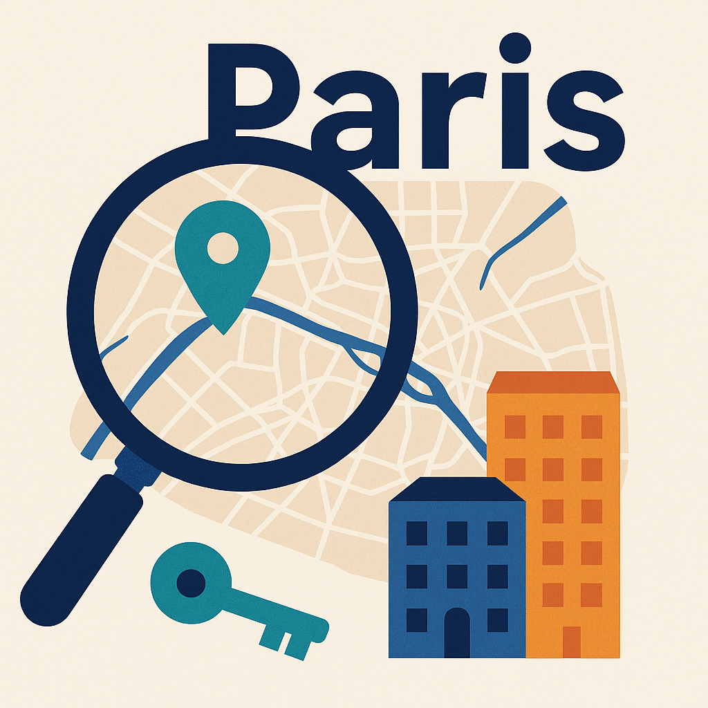 Illustration représentant la recherche et la vente d’un bien immobilier à Paris : une carte de la ville, des immeubles, une loupe et une clé symbolisant l’estimation et l’achat. emprunter-malin.com emprunter malin