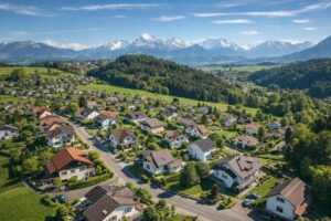 Vue aérienne d’un quartier résidentiel du canton de Fribourg en Suisse, avec des maisons individuelles entourées de verdure et les Alpes en arrière-plan, illustrant le marché immobilier suisse. emprunter malin .com