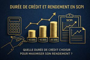 Comparaison des durées de crédit pour investir en SCPI (10, 15, 20 ans) illustrant l’impact sur le rendement, le cash-flow et la stratégie d’investissement immobilier locatif