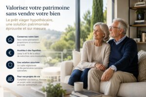 Couple senior haut de gamme dans un salon lumineux illustrant le prêt viager hypothécaire permettant de débloquer des liquidités sans vendre son bien immobilier emprunter malin