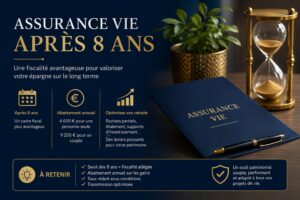 Illustration haut de gamme représentant la fiscalité de l'assurance vie après 8 ans avec un contrat d'épargne, un sablier, un graphique de croissance et les principaux avantages fiscaux liés aux rachats et à la valorisation du patrimoine www.emprunter-malin.com
