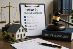 Maquette de maison, marteau de justice et dossier de crédit immobilier illustrant les impayés de prêt immobilier et les recours juridiques possibles emprunter malin