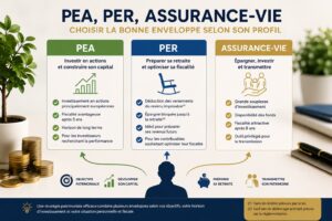 assurance vie per emprunter malin Illustration représentant un PEA, un PER et une assurance-vie avec des graphiques financiers, des pièces et un arbre de patrimoine symbolisant la diversification des placements.
