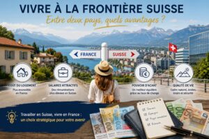 Vue d'une ville située à la frontière franco-suisse avec des montagnes, des habitations, des francs suisses, des euros et un travailleur frontalier illustrant les avantages de vivre entre les deux pays.