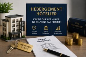 Illustration représentant un investissement en hébergement hôtelier avec un immeuble moderne, des clés, un contrat immobilier et des éléments financiers symbolisant le financement, la valorisation patrimoniale et la réglementation de l'immobilier www.emprunter-malin.com