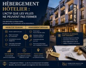 un investissement en hébergement hôtelier avec un immeuble moderne, des clés, un contrat immobilier et des éléments financiers symbolisant le financement, la valorisation patrimoniale et la réglementation de l'immobilier www.emprunter-malin.com